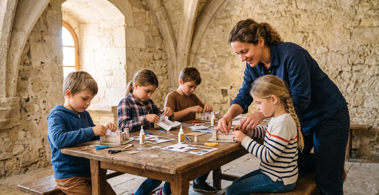 Des enfants réalisent un atelier manuel encadrés par une guide dans une salle voûtée.