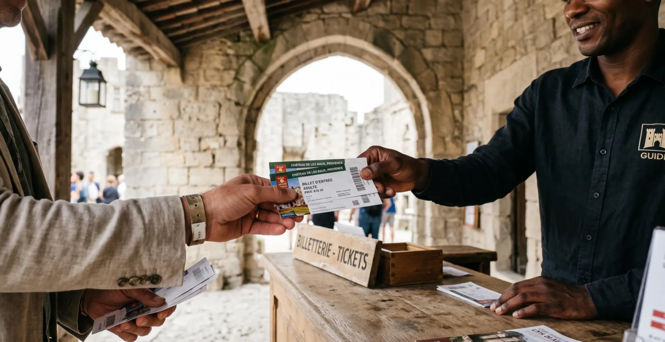 Une main tend des billets d'entrée au guichet en bois du château de Gordes.
