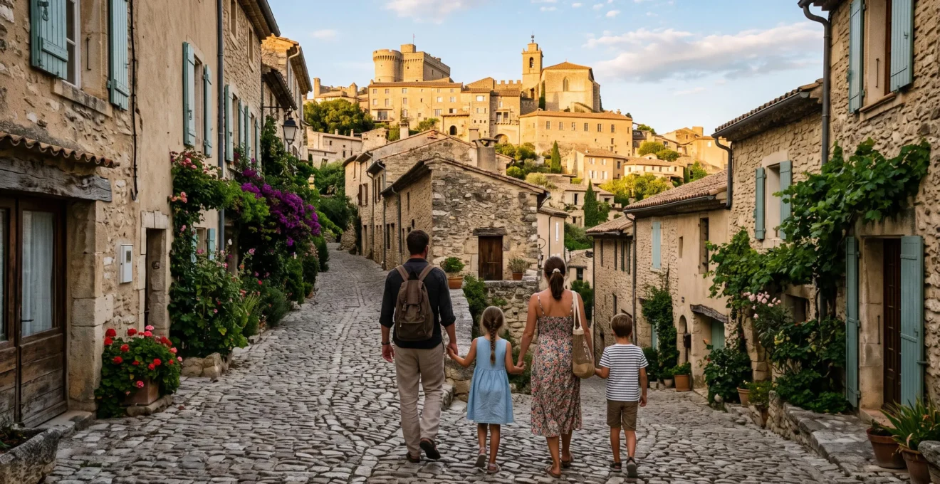Une famille monte la rue pavée du village perché vers le château de Gordes.