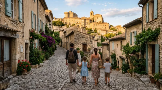 Une famille monte la rue pavée du village perché vers le château de Gordes.