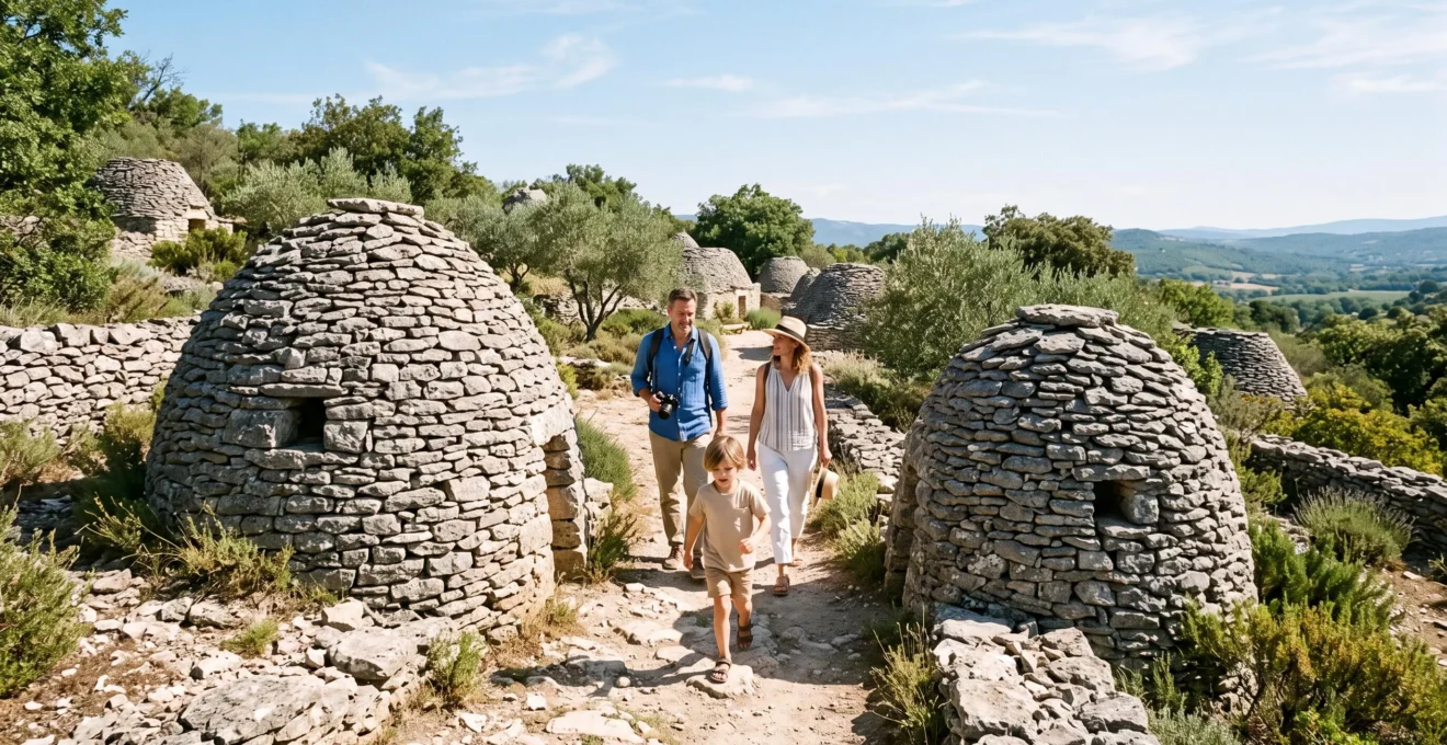 Un enfant marche entre les cabanes en pierre sèche du Village des Bories.